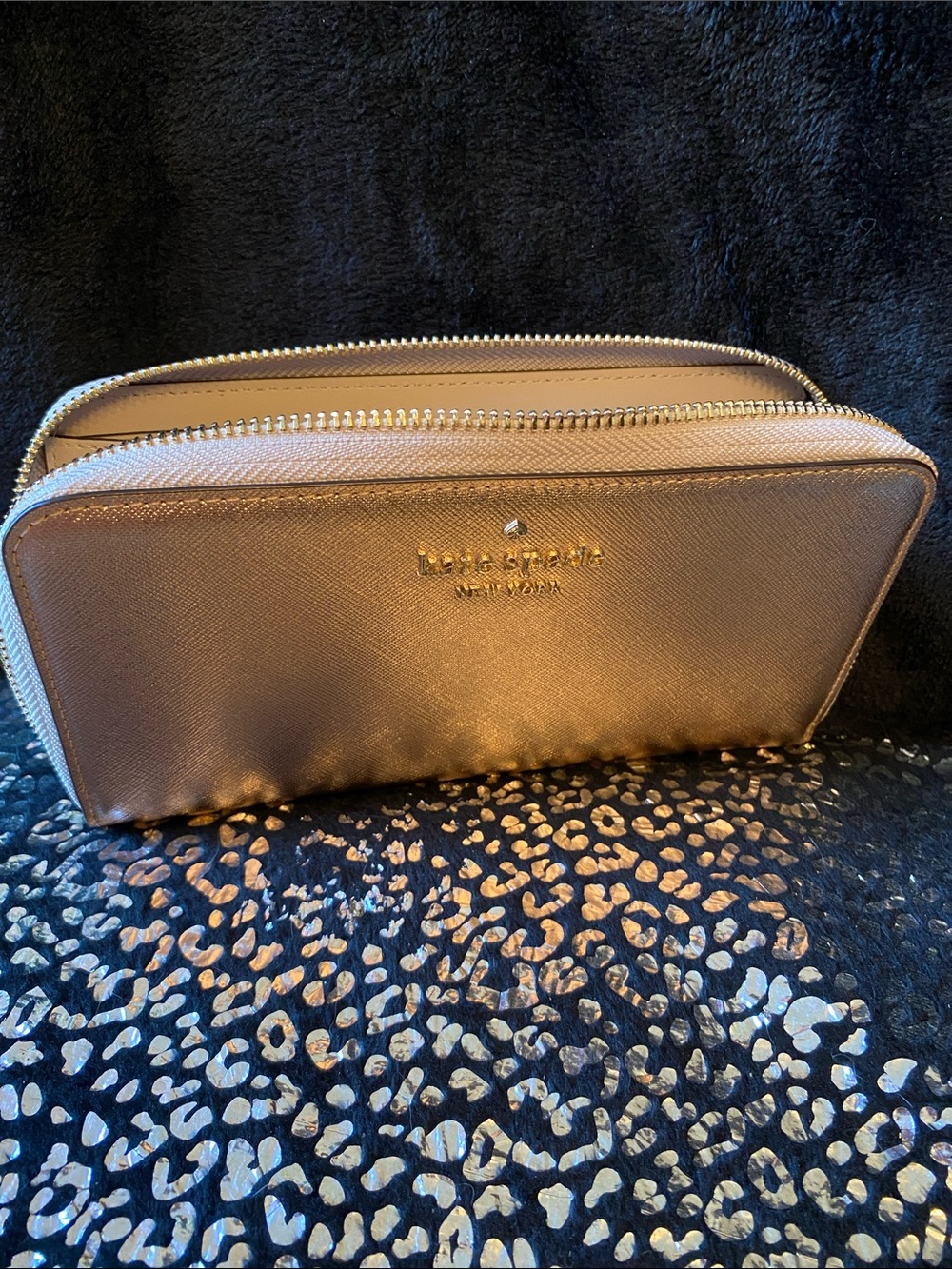 kate spade metallic rose gold zip-around wallet